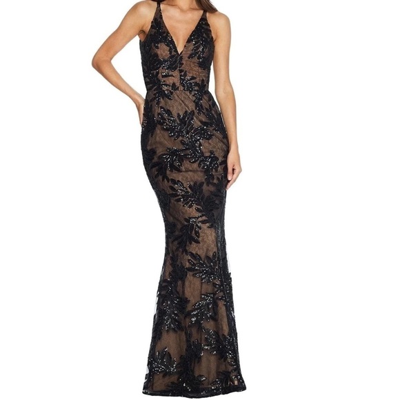 Dress The Population Sharon Lace Sequin Floral Mermaid Maxi Gown Black Small - Picture 1 of 14